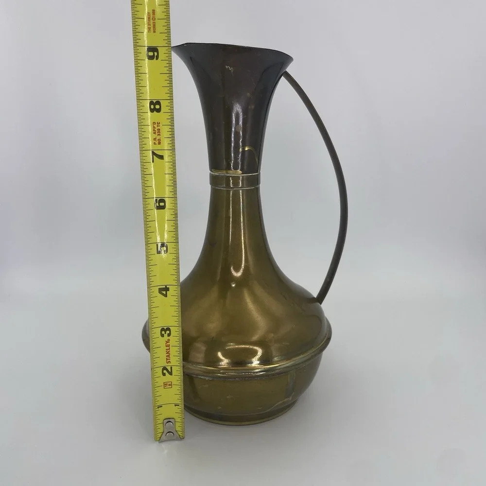 Vintage MCM  Brass Water Pitcher Vase Decanter With Curved Handle 9.5